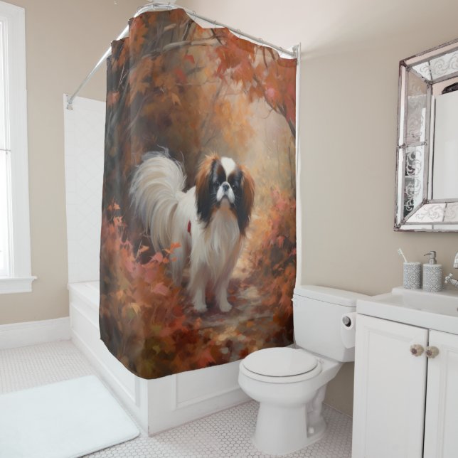 Japanese Chin in Autumn Leaves Fall Inspire Shower Curtain (In Situ)