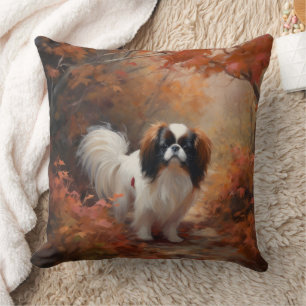 Japanese Chin in Autumn Leaves Fall Inspire Throw Pillow