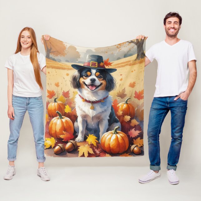 Japanese Chin In Autumn Leaves Thanksgiving Art Fleece Blanket (In Situ)