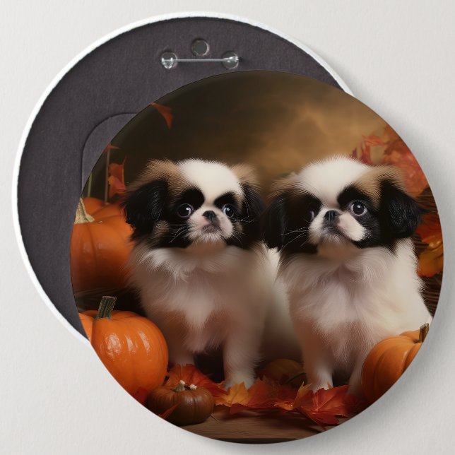 Japanese Chin Puppy Autumn Delight Pumpkin  Button (Front & Back)