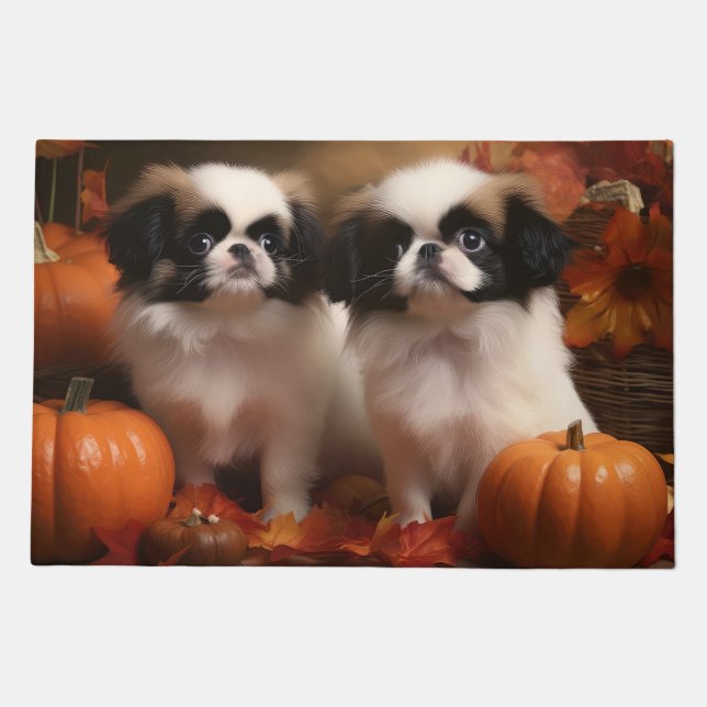 Japanese Chin Puppy Autumn Delight Pumpkin  Doormat (Front)