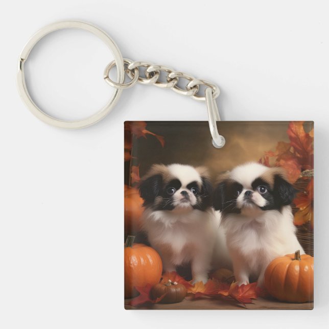 Japanese Chin Puppy Autumn Delight Pumpkin  Keychain (Front)