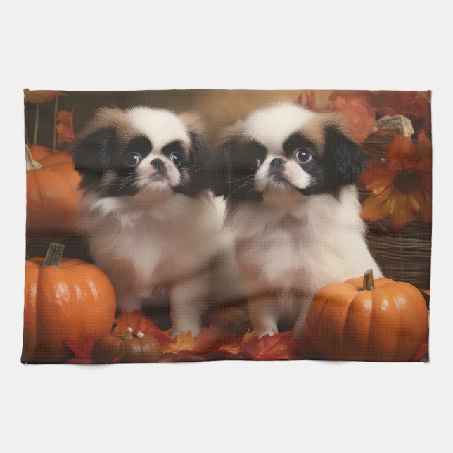 Japanese Chin Puppy Autumn Delight Pumpkin  Kitchen Towel (Horizontal)