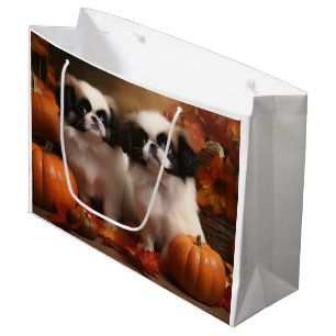 Japanese Chin Puppy Autumn Delight Pumpkin Large Gift Bag