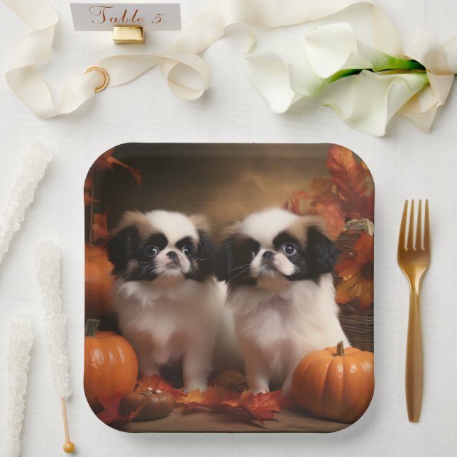 Japanese Chin Puppy Autumn Delight Pumpkin  Paper Plates (Wedding)