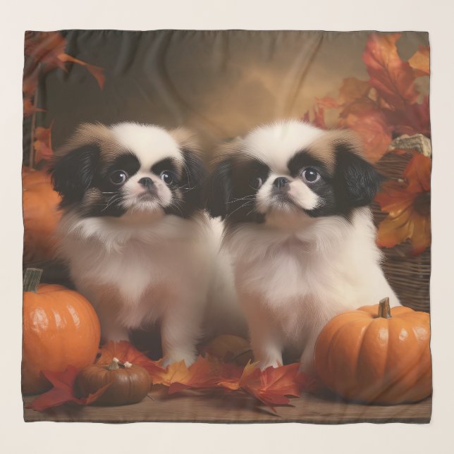 Japanese Chin Puppy Autumn Delight Pumpkin  Scarf (Front)