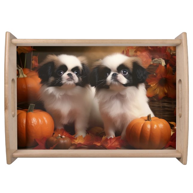Japanese Chin Puppy Autumn Delight Pumpkin  Serving Tray (Front)