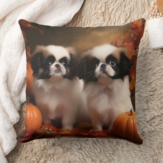 Japanese Chin Puppy Autumn Delight Pumpkin  Throw Pillow (Blanket)