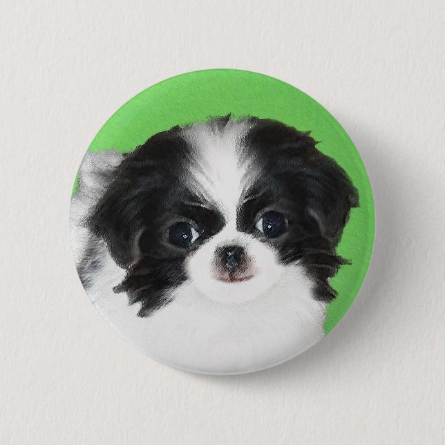 Japanese Chin Puppy Painting - Original Dog Art Button (Front)