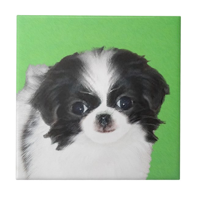 Japanese Chin Puppy Painting - Original Dog Art Ceramic Tile (Front)