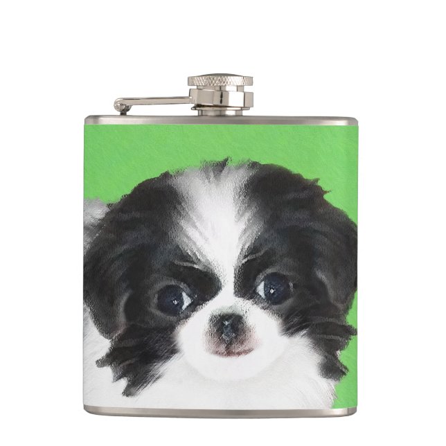 Japanese Chin Puppy Painting - Original Dog Art Flask (Front)