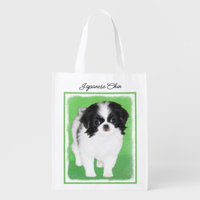Japanese Chin Puppy Painting - Original Dog Art Grocery Bag (Front)