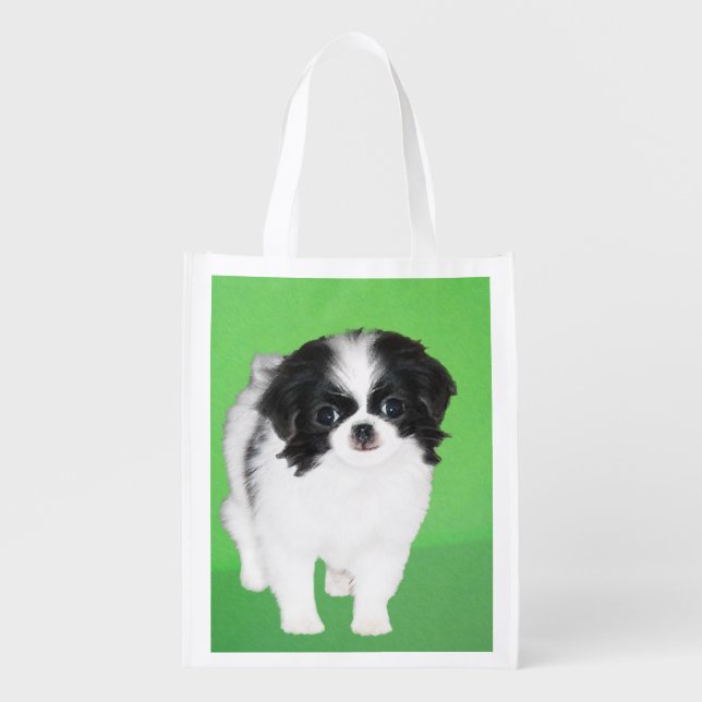 Japanese Chin Puppy Painting - Original Dog Art Grocery Bag (Front)