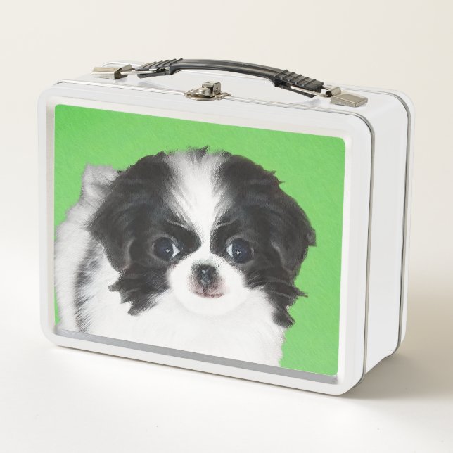 Japanese Chin Puppy Painting - Original Dog Art Metal Lunch Box (Front)