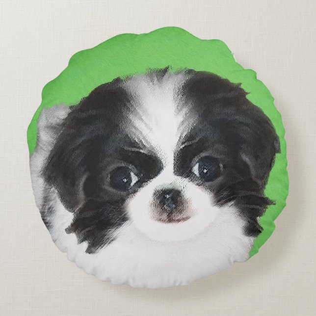 Japanese Chin Puppy Painting - Original Dog Art Round Pillow (Back)