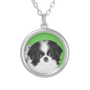 Japanese Chin Puppy Painting - Original Dog Art Silver Plated Necklace
