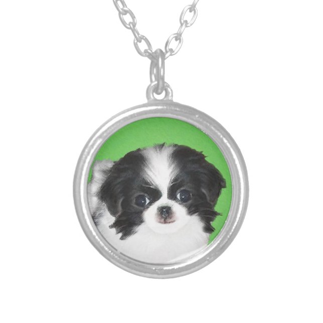 Japanese Chin Puppy Painting - Original Dog Art Silver Plated Necklace (Front)