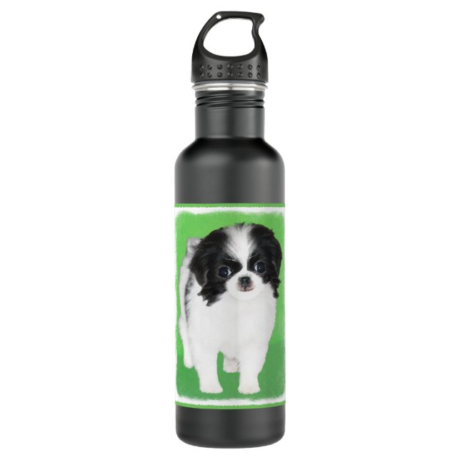 Japanese Chin Puppy Painting - Original Dog Art Stainless Steel Water Bottle (Front)