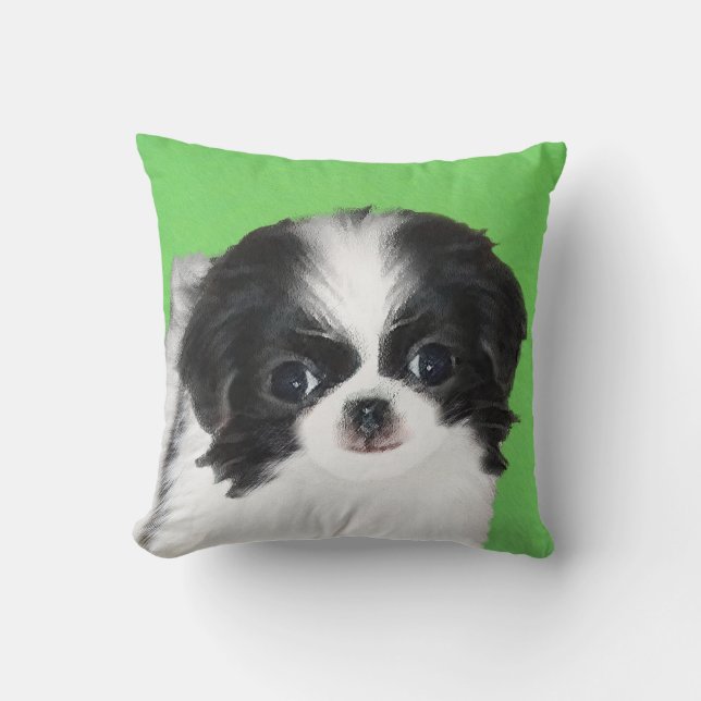 Japanese Chin Puppy Painting - Original Dog Art Throw Pillow (Front)
