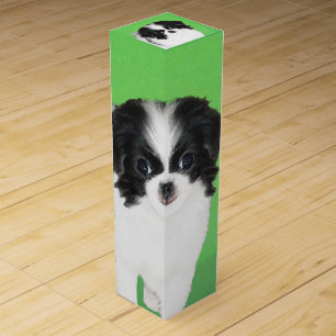 Japanese Chin Puppy Painting - Original Dog Art Wine Box