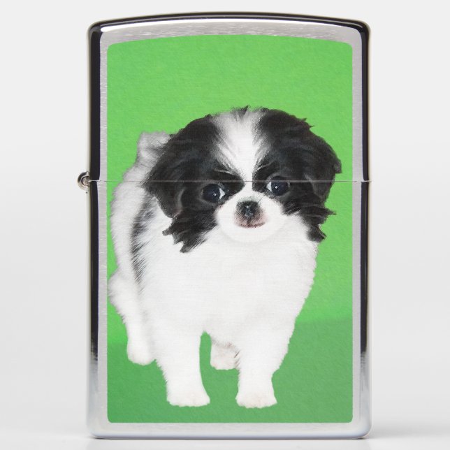 Japanese Chin Puppy Painting - Original Dog Art Zippo Lighter (Front)