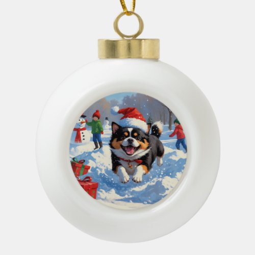 Japanese Chin Running in Snow with Christmas Hat