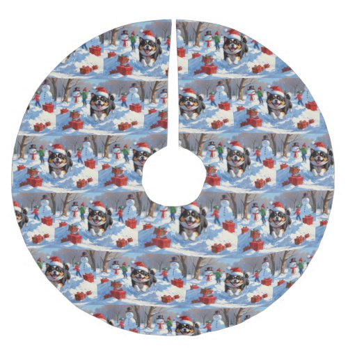 Japanese Chin Running in Snow with Christmas Hat