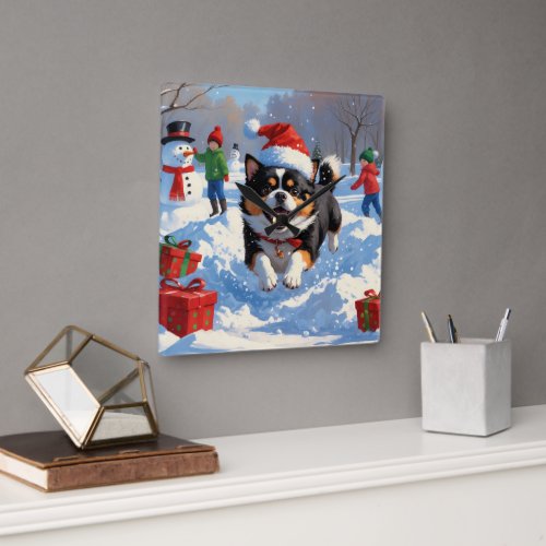 Japanese Chin Running in Snow with Christmas Hat
