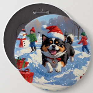 Japanese Chin Running in Snow with Christmas Hat Button