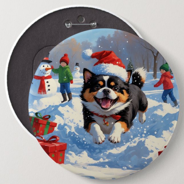 Japanese Chin Running in Snow with Christmas Hat Button (Front & Back)