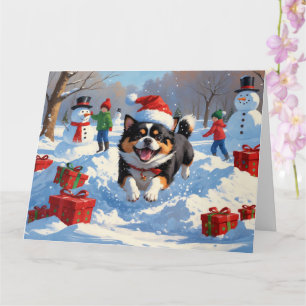 Japanese Chin Running in Snow with Christmas Hat Card