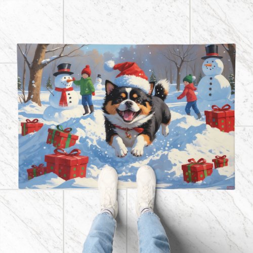 Japanese Chin Running in Snow with Christmas Hat Doormat