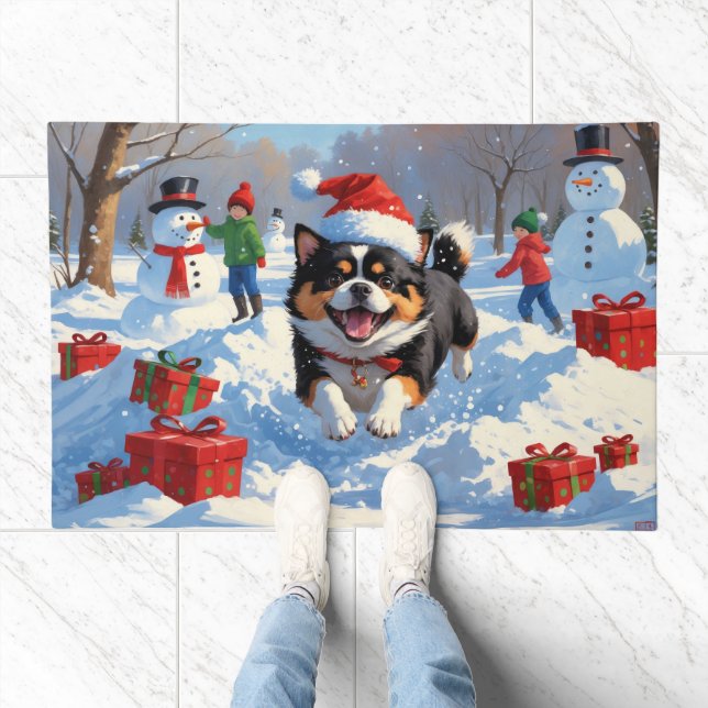 Japanese Chin Running in Snow with Christmas Hat Doormat (Indoor)
