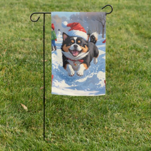 Japanese Chin Running in Snow with Christmas Hat Garden Flag