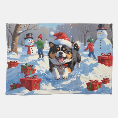 Japanese Chin Running in Snow with Christmas Hat Kitchen Towel