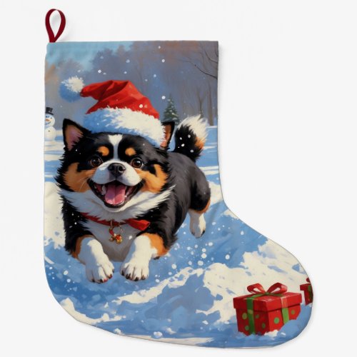 Japanese Chin Running in Snow with Christmas Hat Large Christmas Stocking