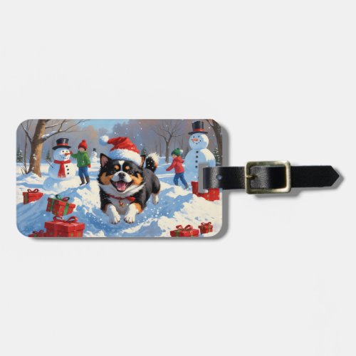 Japanese Chin Running in Snow with Christmas Hat Luggage Tag