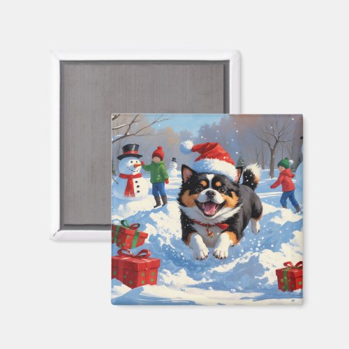 Japanese Chin Running in Snow with Christmas Hat Magnet