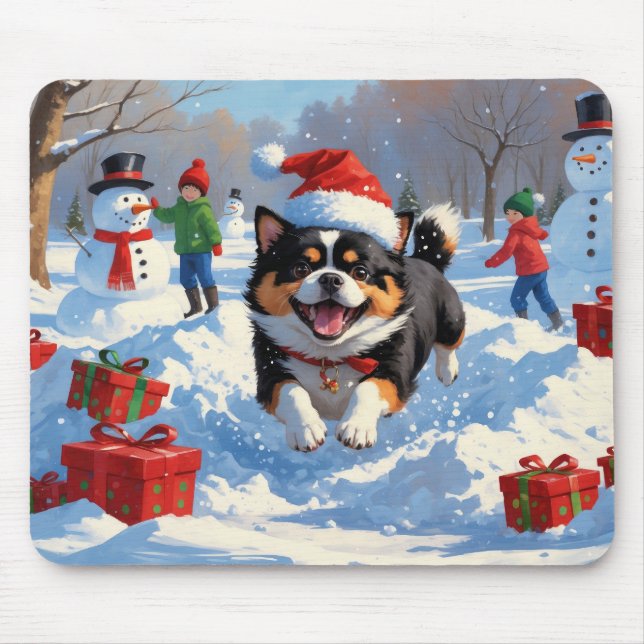 Japanese Chin Running in Snow with Christmas Hat Mouse Pad (Front)