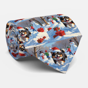 Japanese Chin Running in Snow with Christmas Hat Neck Tie