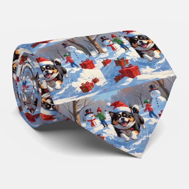 Japanese Chin Running in Snow with Christmas Hat Neck Tie (Rolled)