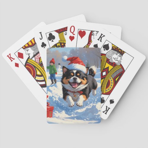 Japanese Chin Running in Snow with Christmas Hat Poker Cards