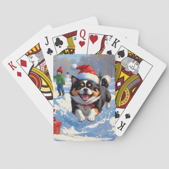 Japanese Chin Running in Snow with Christmas Hat Poker Cards (Back)