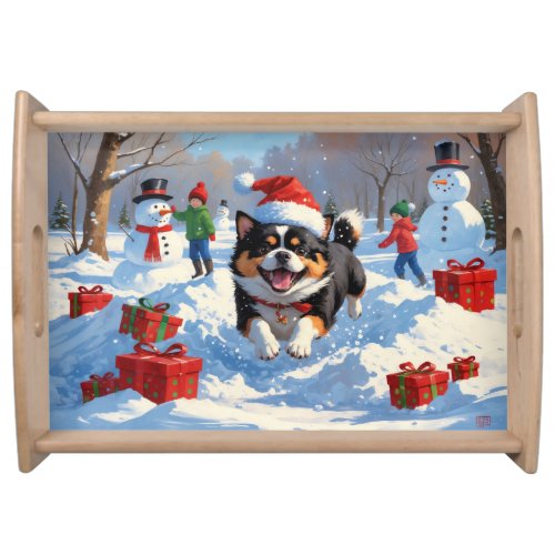 Japanese Chin Running in Snow with Christmas Hat Serving Tray