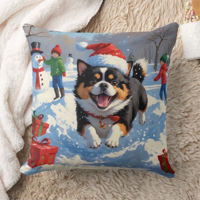 Japanese Chin Running in Snow with Christmas Hat Throw Pillow (Blanket)