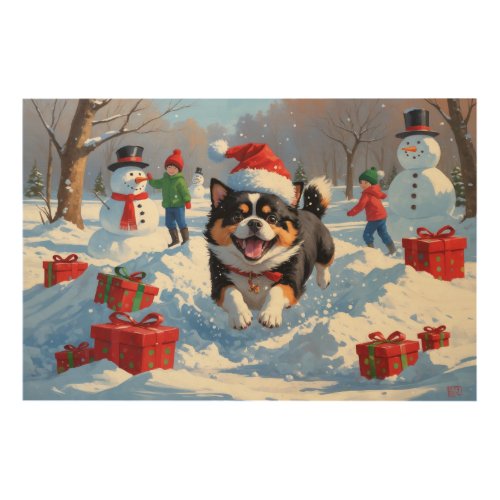 Japanese Chin Running in Snow with Christmas Hat Wood Wall Art