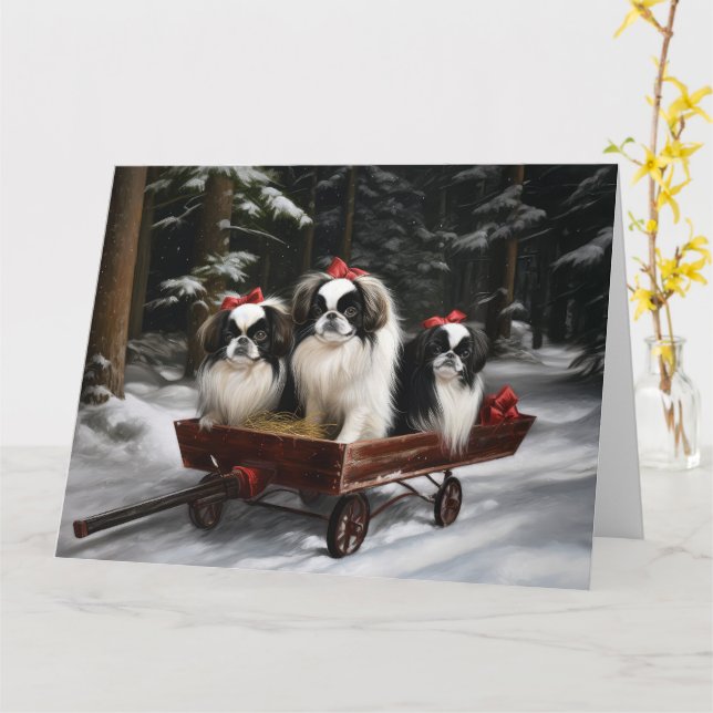 Japanese Chin Snowy Sleigh Christmas Decor Card (Yellow Flower)