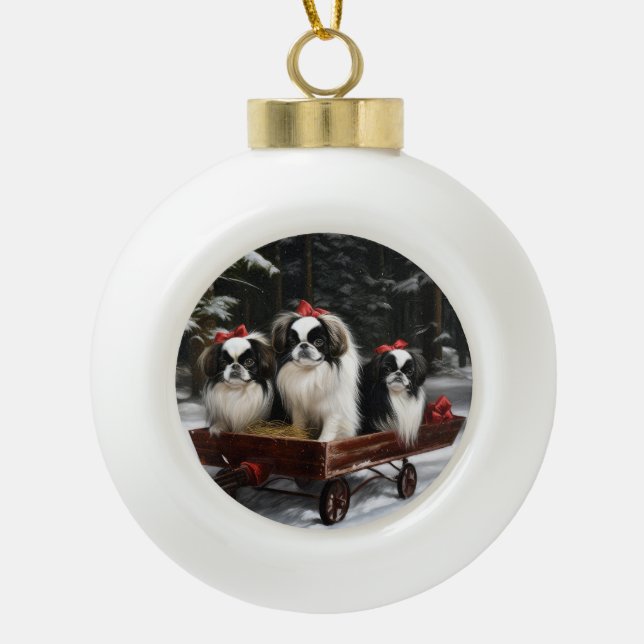 Japanese Chin Snowy Sleigh Christmas Decor Ceramic Ball Christmas Ornament (Front)