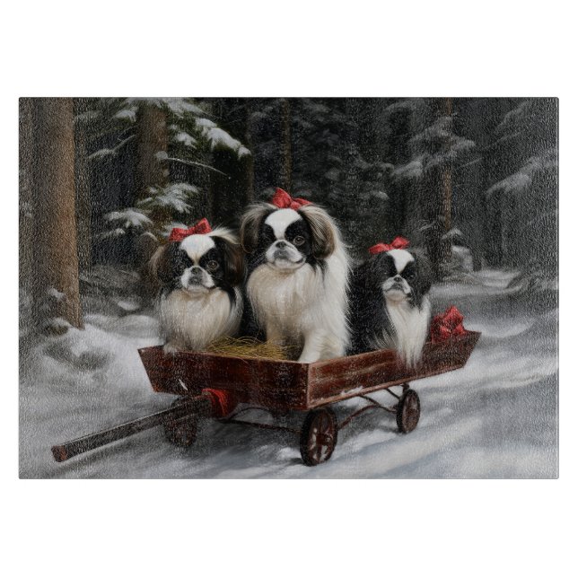 Japanese Chin Snowy Sleigh Christmas Decor Cutting Board (Front)