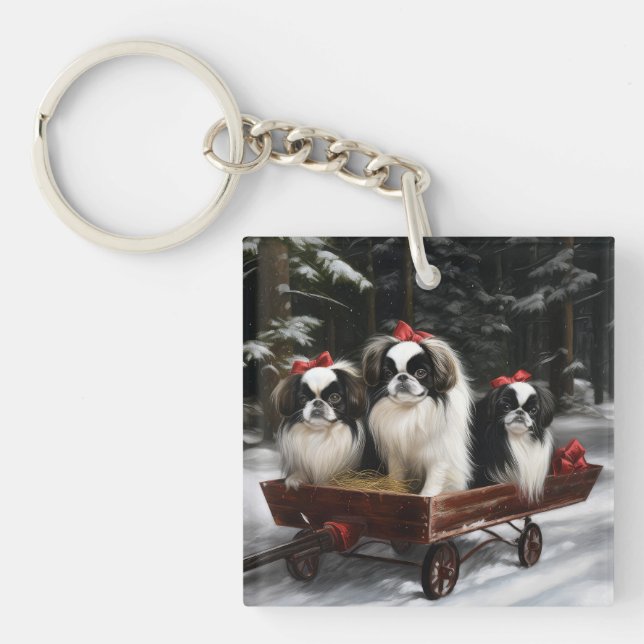 Japanese Chin Snowy Sleigh Christmas Decor Keychain (Front)